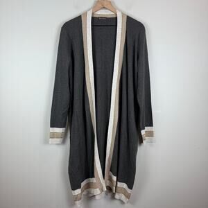 Vakko Cardigan Women Large Gray Knit Trim Long Sleeve Open Front Duster Topper
